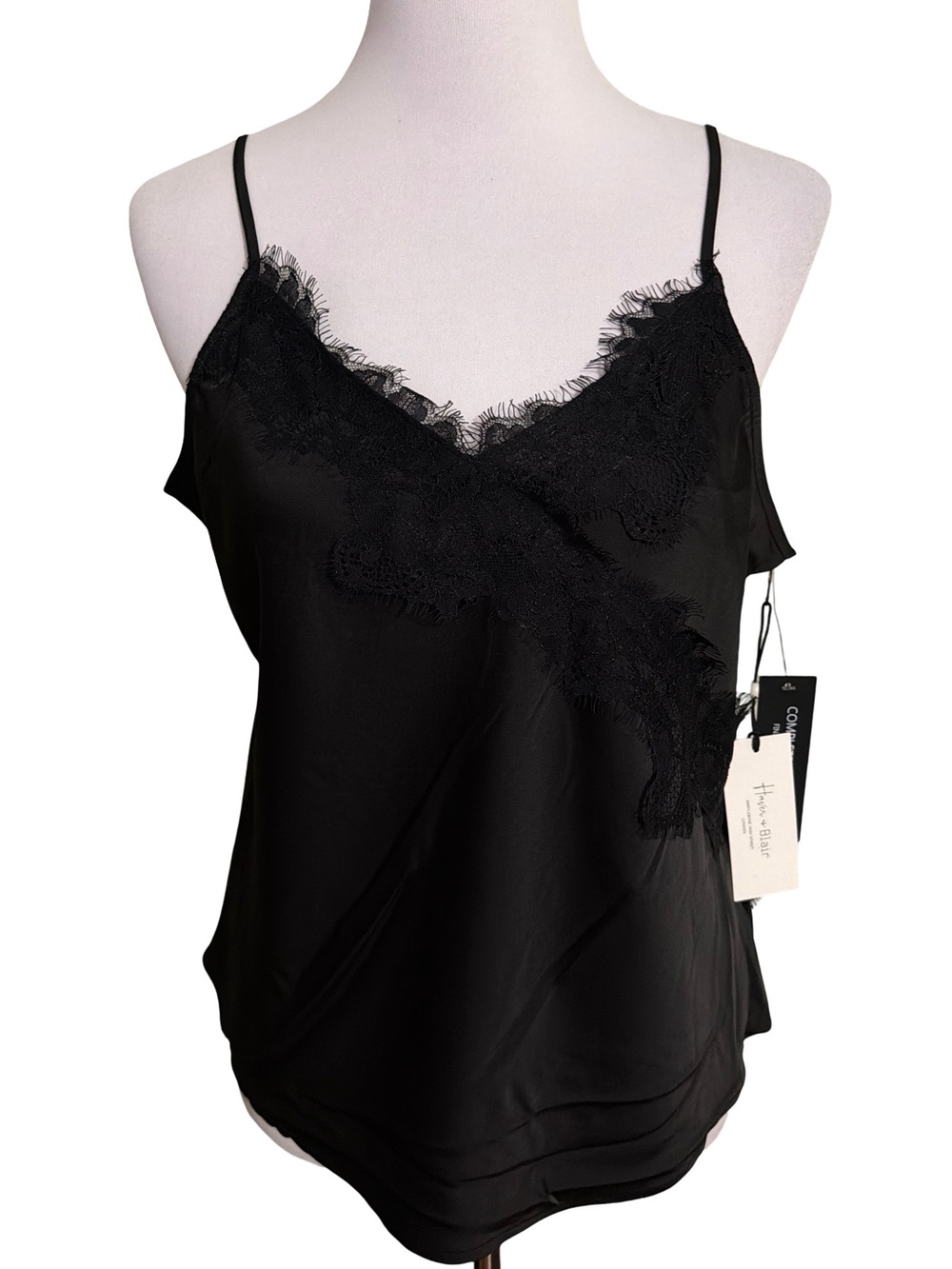 Black Lace-Trim Satin Cami Tank Top - Women